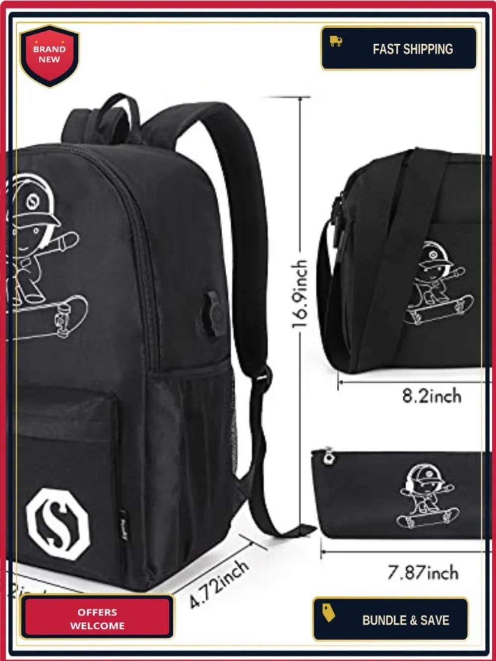 Anime Luminous School Backpack with USB Port, Anti-Theft Lock, Sling Bag &